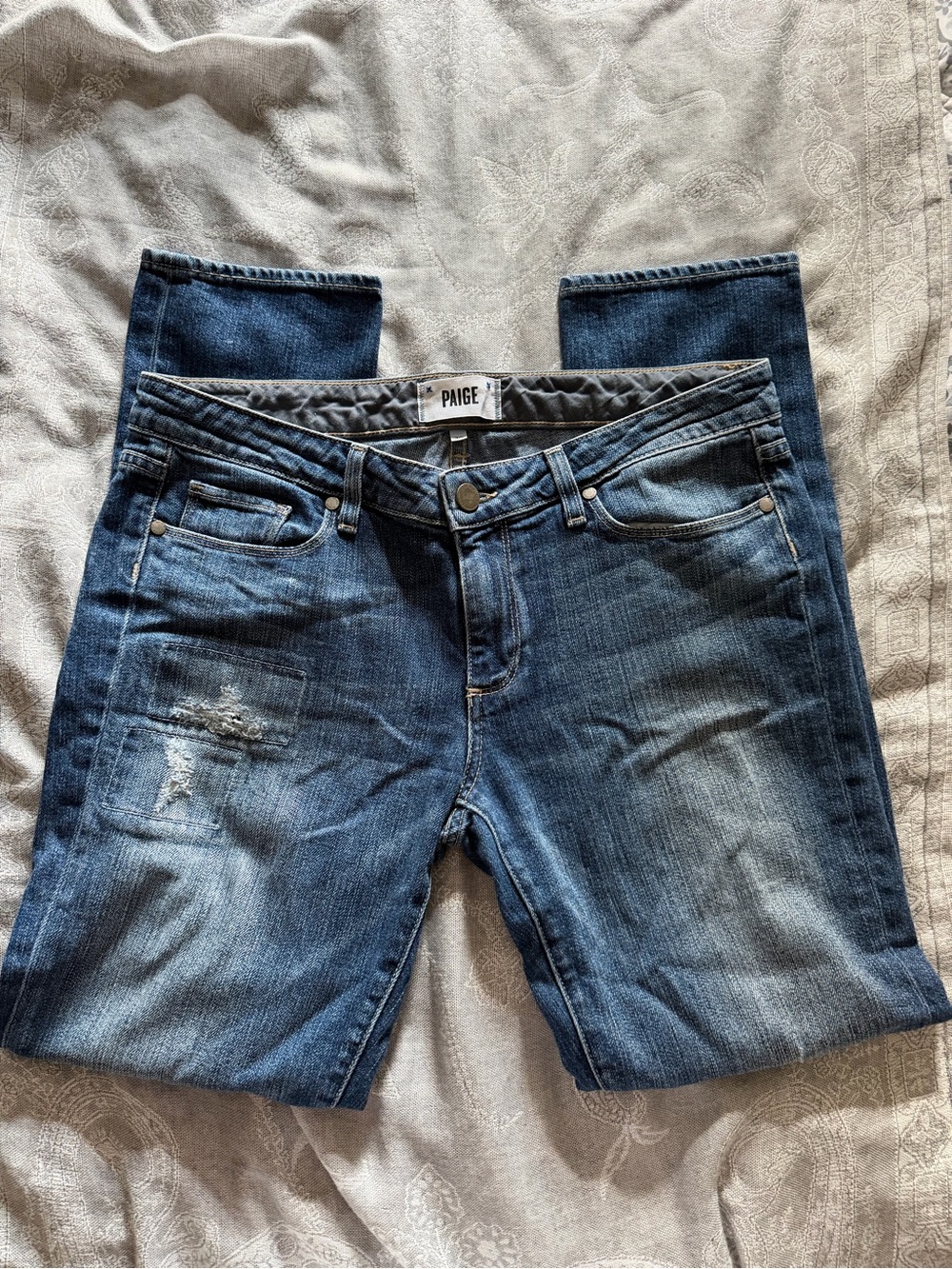 PAIGE Dark Wash Cropped Distressed Jeans